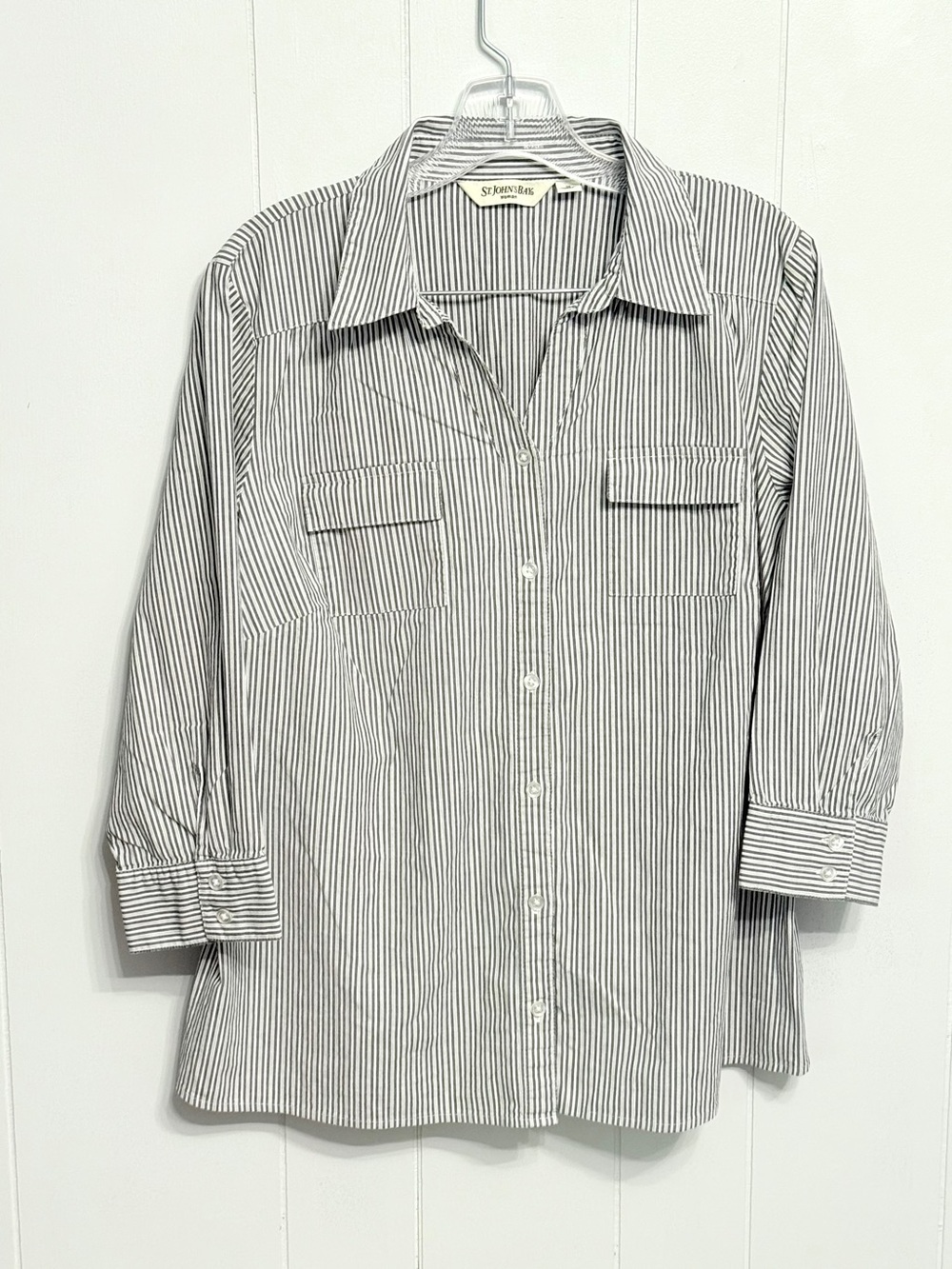 #17)  St. John's Bay Black and White Striped Button-Down Shirt with 3/4 Sleeve